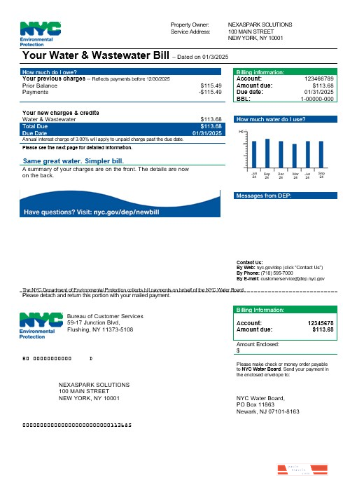 USA The New York City Department of Environmental Protection (DEP) business utility bill template in Word and PDF formats